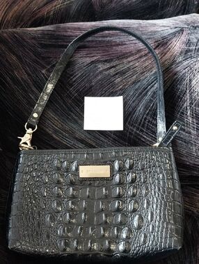 Brahmin Anytime Mini Black Croc-Embossed Leather Shoulder Bag